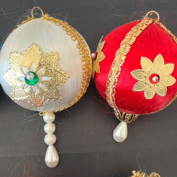 Vintage Beaded Satin Ball Ornaments // Handmade Gold Trimmed Push Pin Pearls - Picture 4 of 5